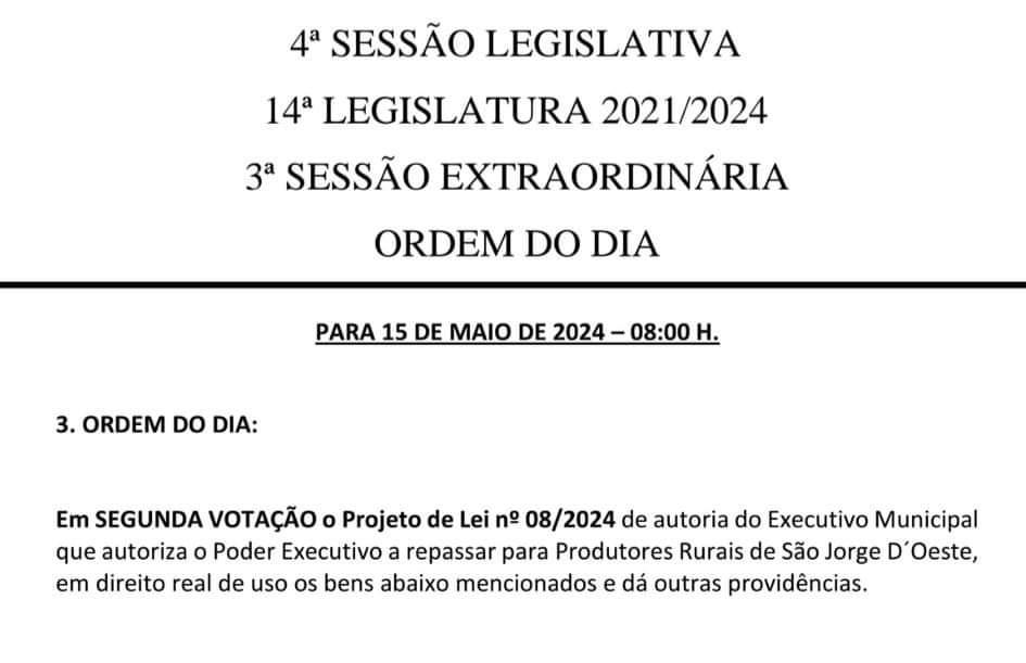 Câmara de Vereadores realizará sessão extraordinária para votação de projeto de repasse de equipamentos para associações de Produtores Rurais